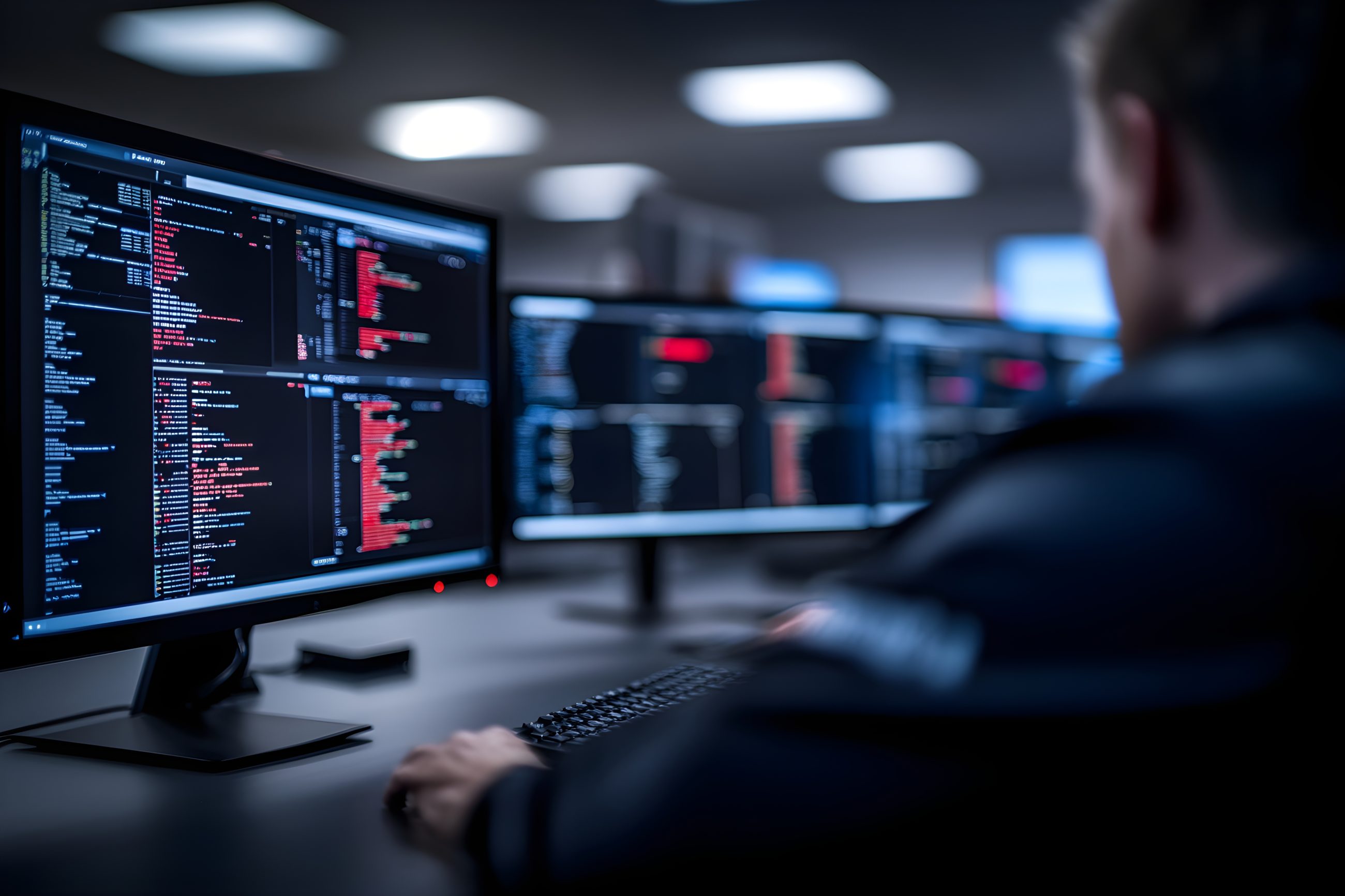 Software developer working with programming code on dark screen.