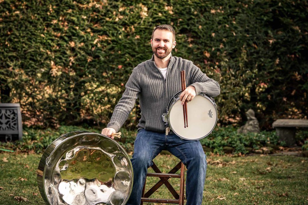 David Singhaus with steel drum and snare drum
