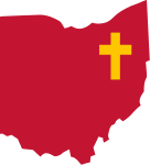 State of Ohio outline in red with a yellow cross in the northeast corner