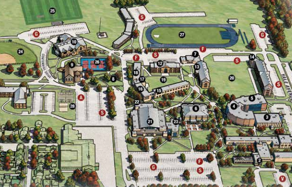 Aerial image of Malone campus map showing buildings and spaces