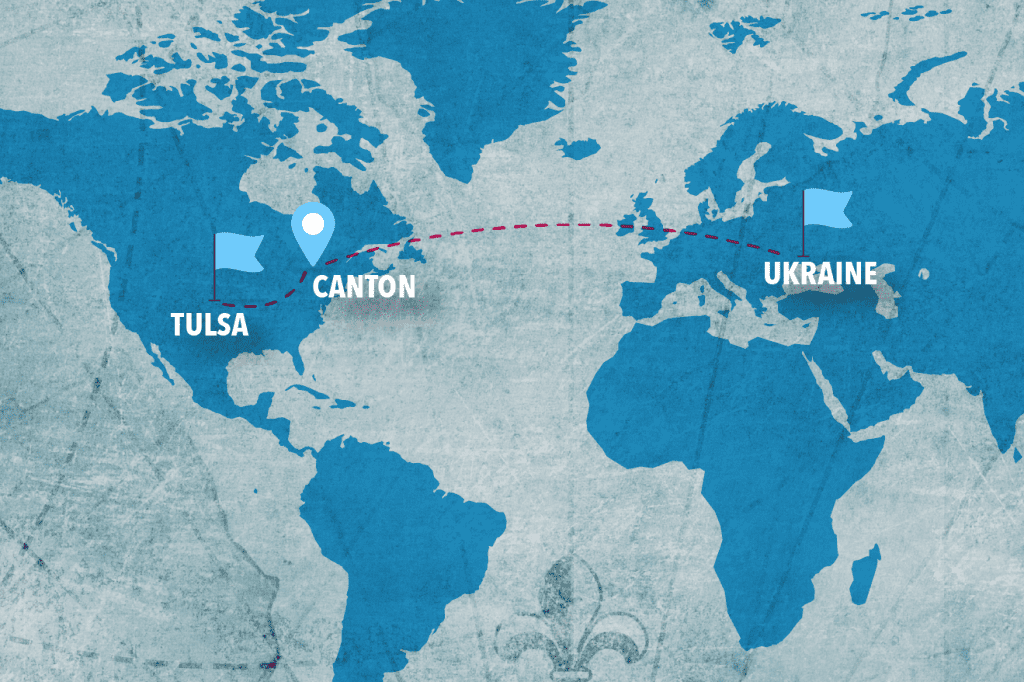 World map showing path from Tulsa to Canton to Ukraine