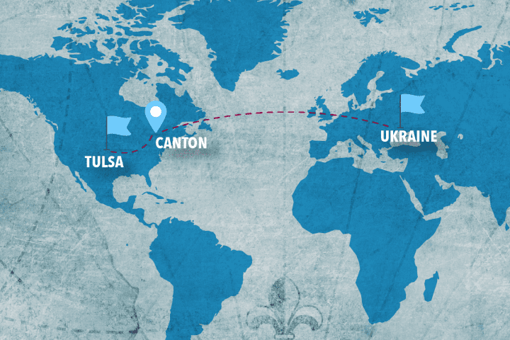 World map showing path from Tulsa to Canton to Ukraine