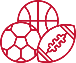 red outline of a football, soccer ball and basketball