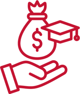 Red outline of a hand, graduation cap and dollar sign