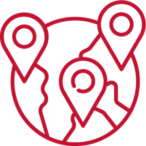 red outline of a globe with geographical markers